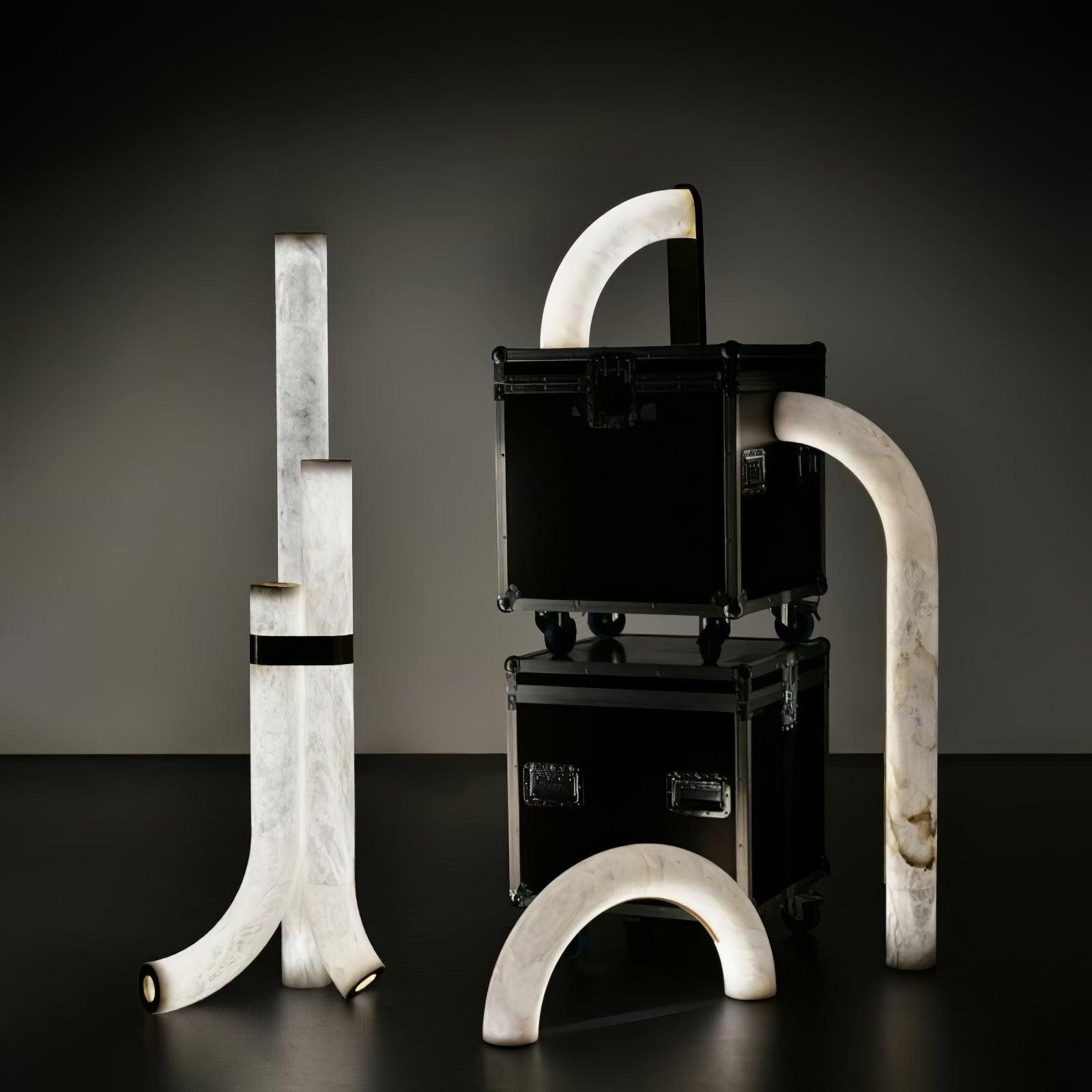 Minimalist Piped Alabaster Floor Lamp with Natural Stone Shades and Brass Body
