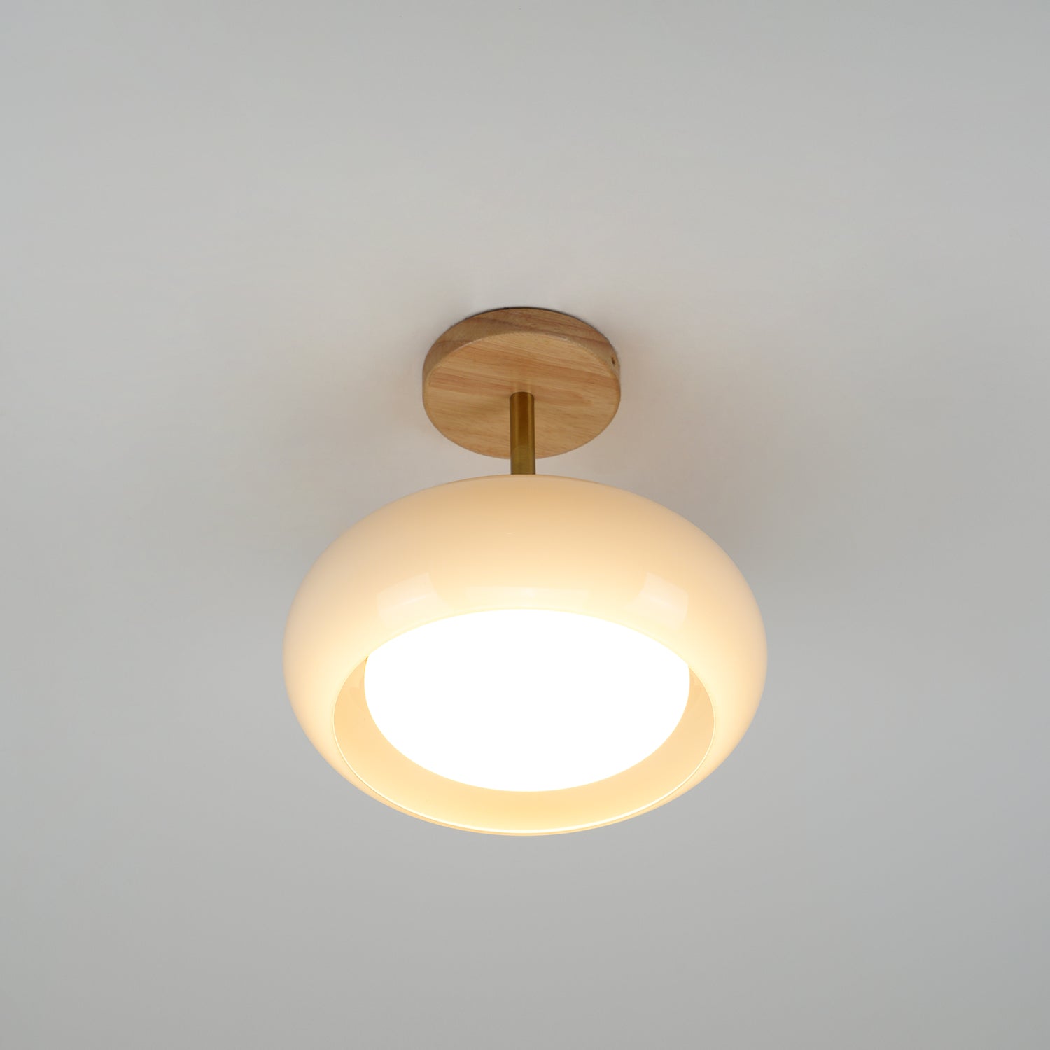Bauhaus Inspired Mid Century Modern Glass Disc Ceiling Lamp Vintage Wood Light Fixture