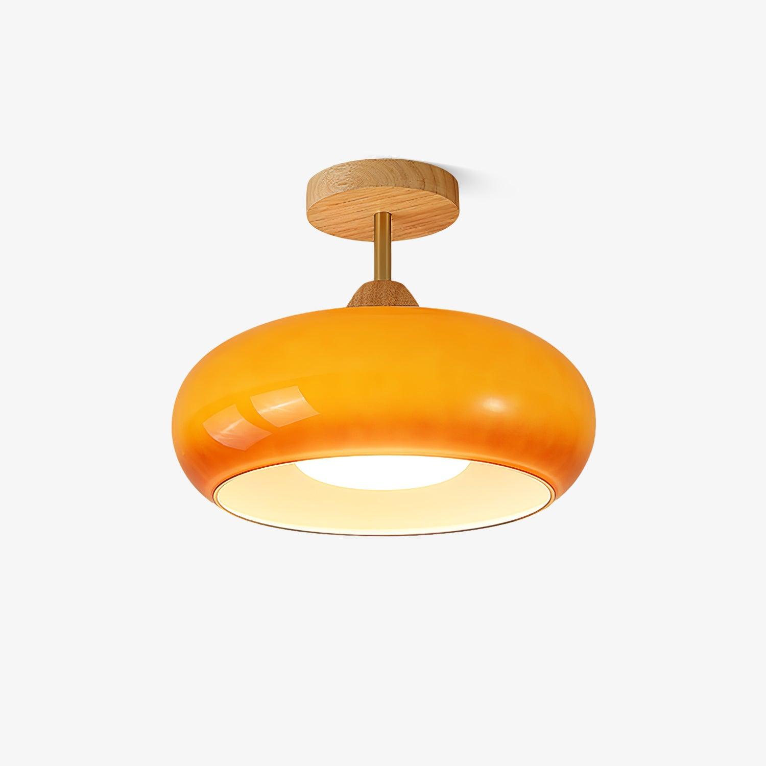 Bauhaus Inspired Mid Century Modern Glass Disc Ceiling Lamp Vintage Wood Light Fixture
