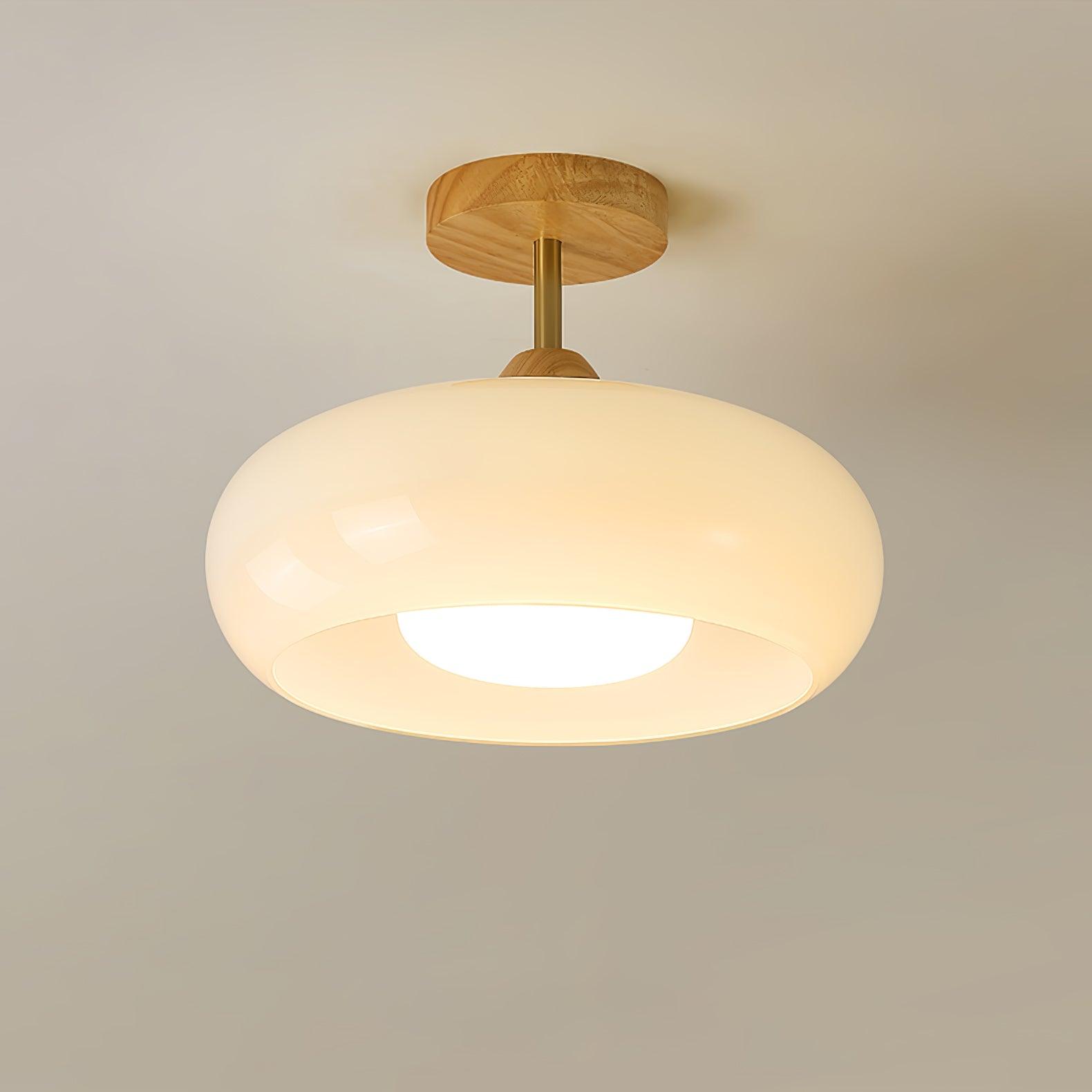 Bauhaus Inspired Mid Century Modern Glass Disc Ceiling Lamp Vintage Wood Light Fixture