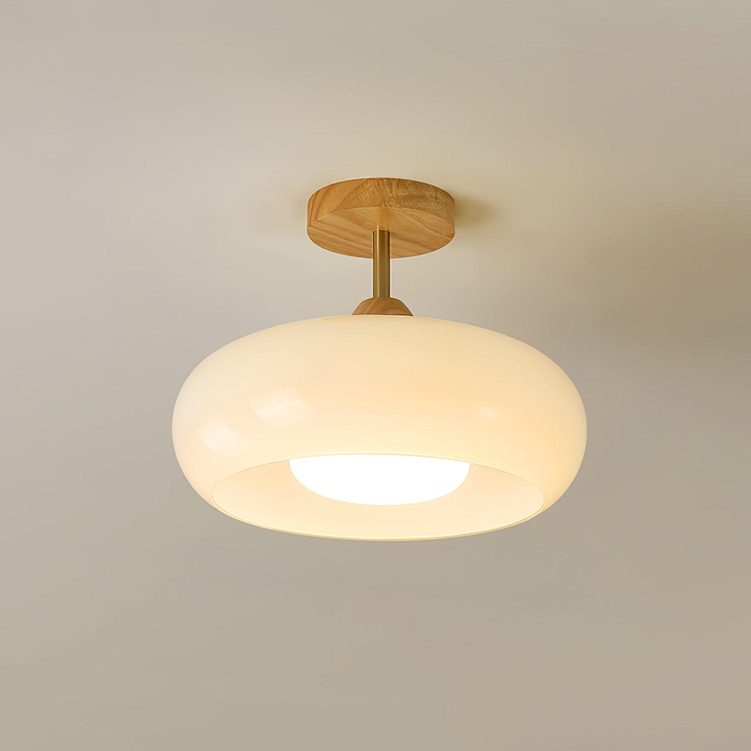 Bauhaus Inspired Mid Century Modern Glass Disc Ceiling Lamp Vintage Wood Light Fixture