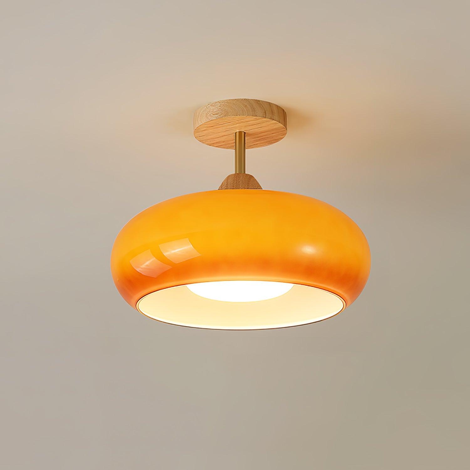 Bauhaus Inspired Mid Century Modern Glass Disc Ceiling Lamp Vintage Wood Light Fixture
