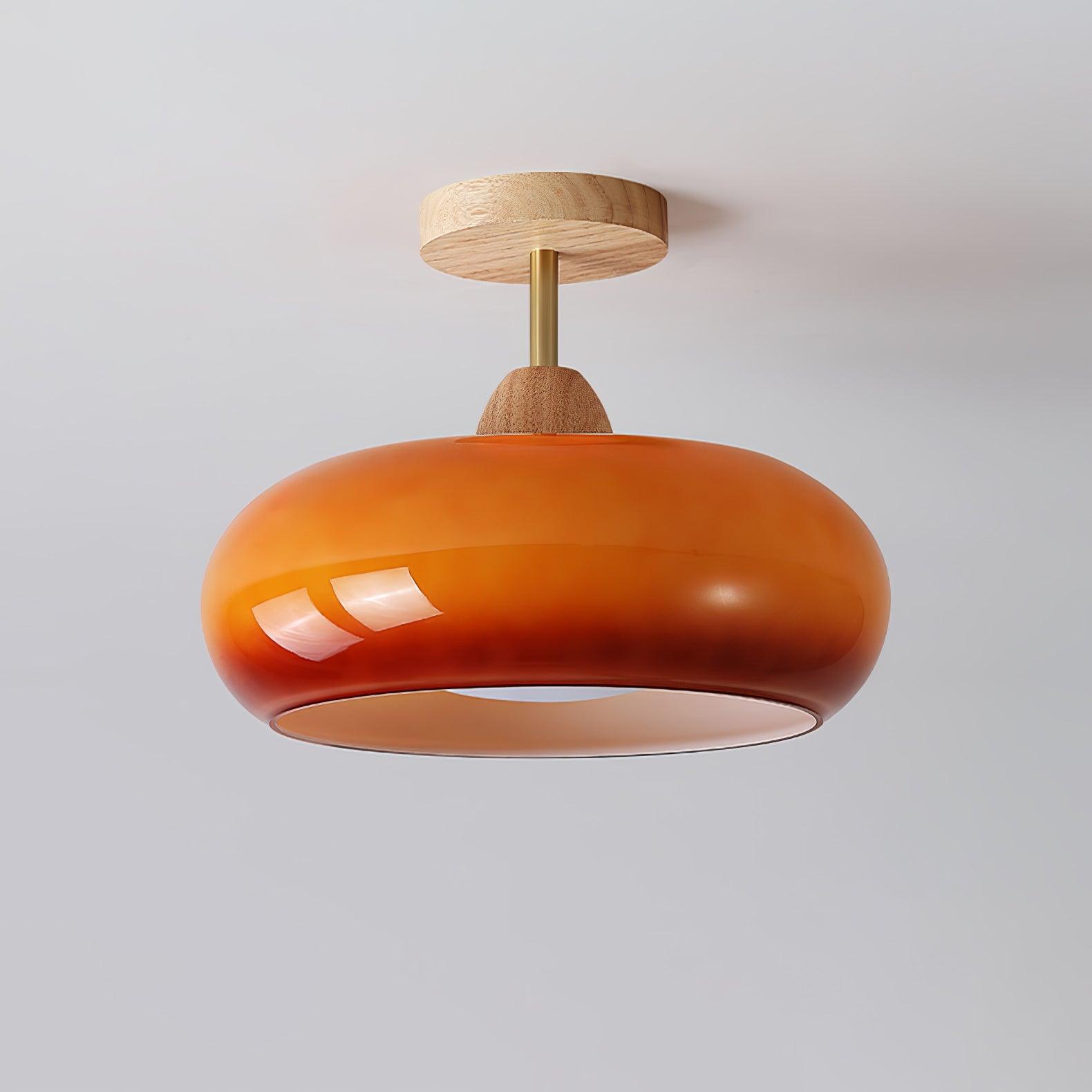 Bauhaus Inspired Mid Century Modern Glass Disc Ceiling Lamp Vintage Wood Light Fixture
