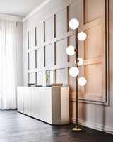 Modern Planetary Globe Standing Floor Lamp with White Blown Glass Shades and Brass Accents