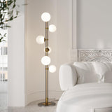 Modern Planetary Globe Standing Floor Lamp with White Blown Glass Shades and Brass Accents