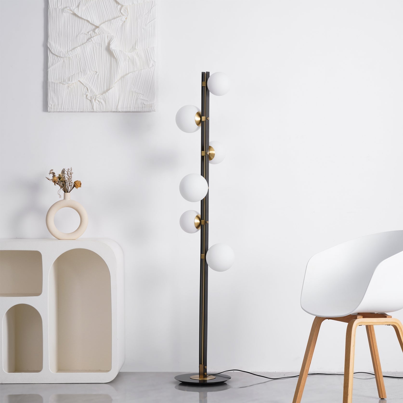 Modern Planetary Globe Standing Floor Lamp with White Blown Glass Shades and Brass Accents