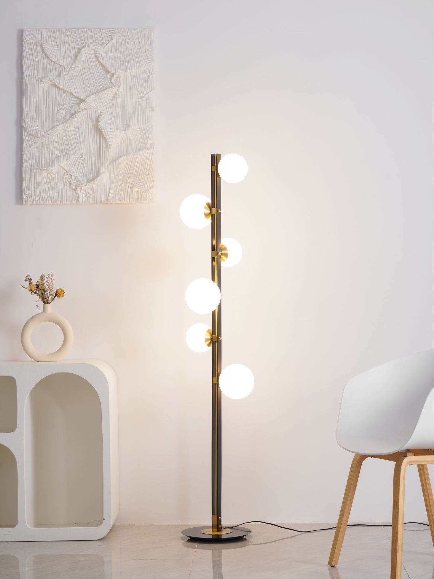 Modern Planetary Globe Standing Floor Lamp with White Blown Glass Shades and Brass Accents