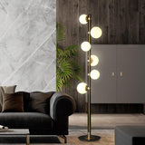 Modern Planetary Globe Standing Floor Lamp with White Blown Glass Shades and Brass Accents