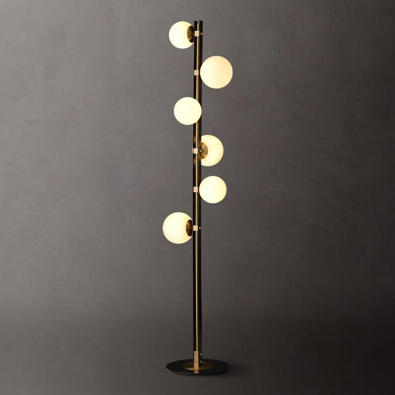 Modern Planetary Globe Standing Floor Lamp with White Blown Glass Shades and Brass Accents