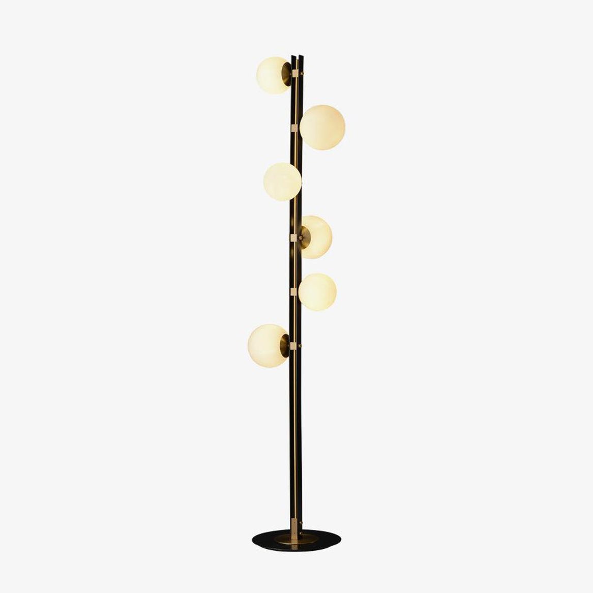 Modern Planetary Globe Standing Floor Lamp with White Blown Glass Shades and Brass Accents