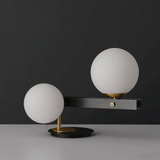 Planeta Mid Century Glass Globe Table Lamp with Brushed Brass Accents and White Blown Glass