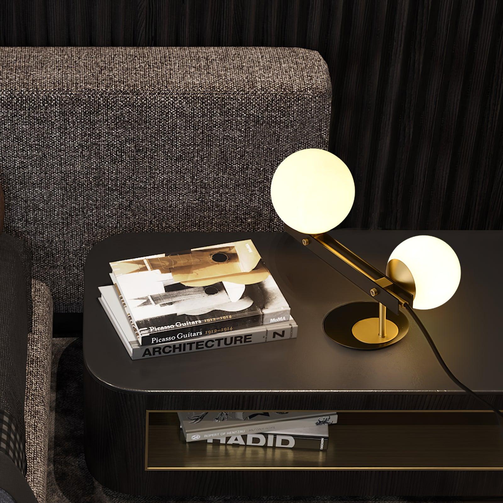 Planeta Mid Century Glass Globe Table Lamp with Brushed Brass Accents and White Blown Glass