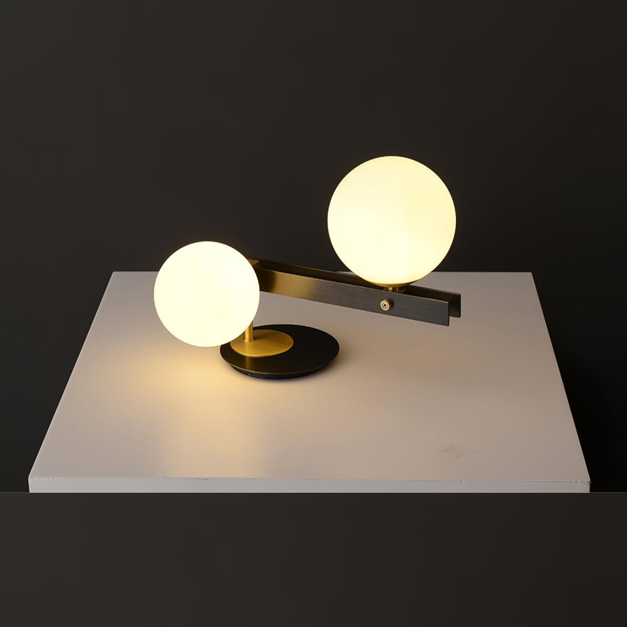 Planeta Mid Century Glass Globe Table Lamp with Brushed Brass Accents and White Blown Glass