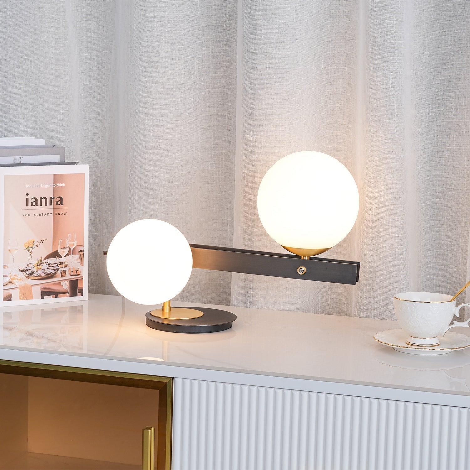 Planeta Mid Century Glass Globe Table Lamp with Brushed Brass Accents and White Blown Glass