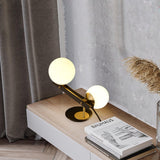 Planeta Mid Century Glass Globe Table Lamp with Brushed Brass Accents and White Blown Glass