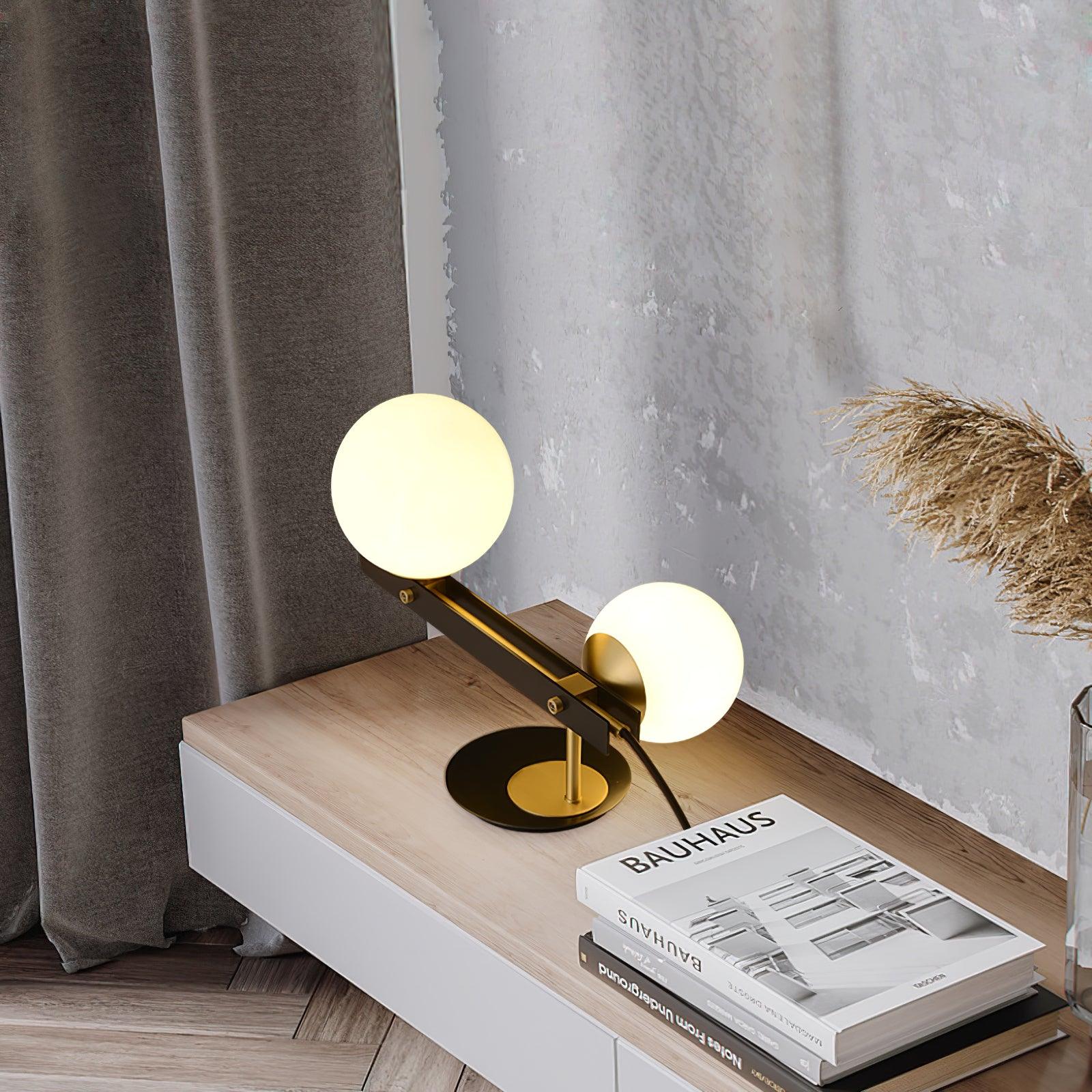 Planeta Mid Century Glass Globe Table Lamp with Brushed Brass Accents and White Blown Glass