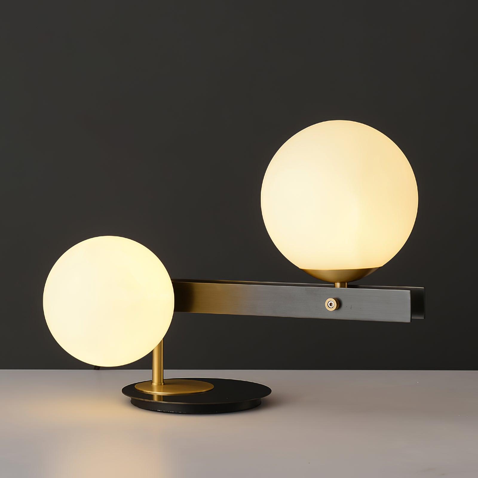 Planeta Mid Century Glass Globe Table Lamp with Brushed Brass Accents and White Blown Glass