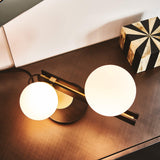 Planeta Mid Century Glass Globe Table Lamp with Brushed Brass Accents and White Blown Glass