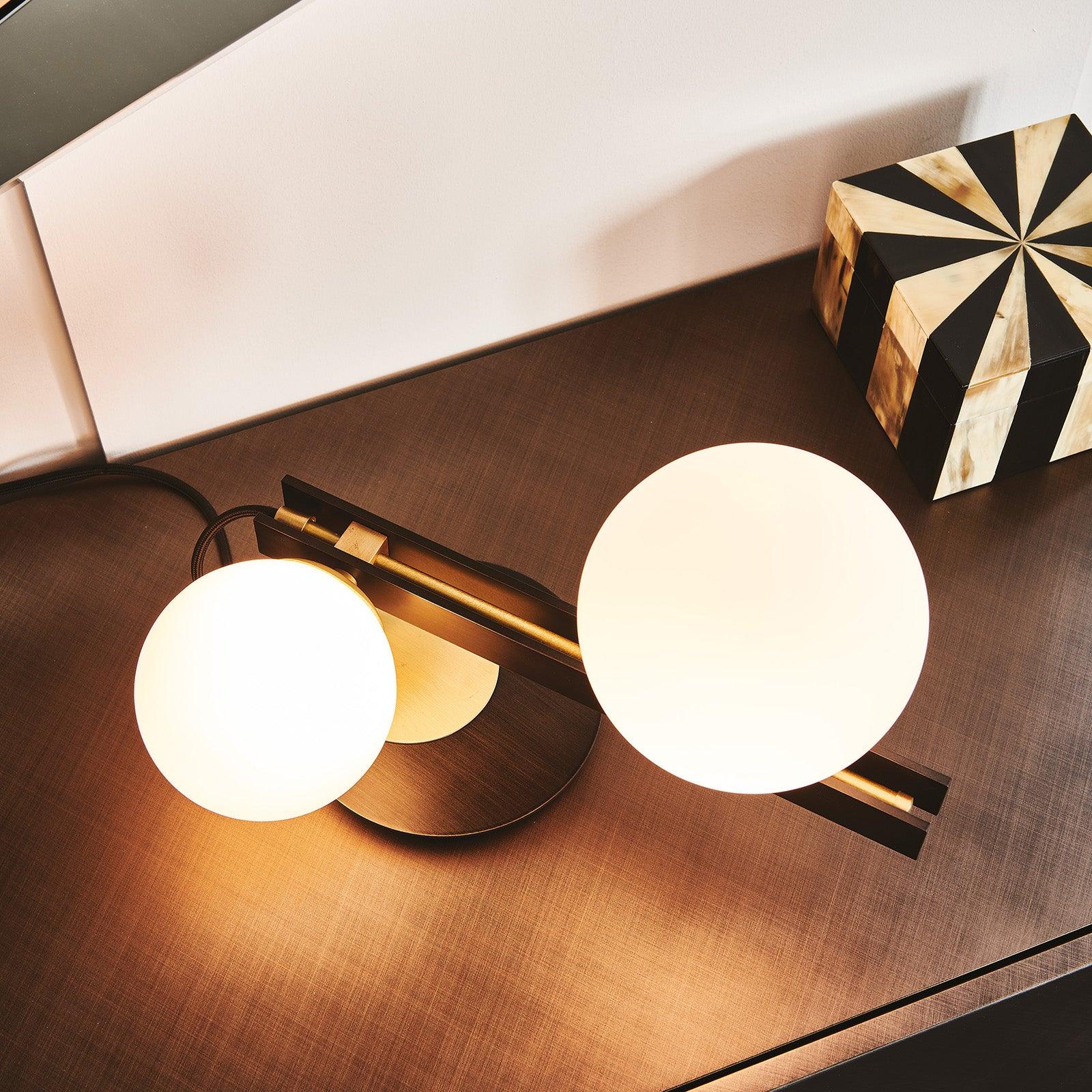 Planeta Mid Century Glass Globe Table Lamp with Brushed Brass Accents and White Blown Glass