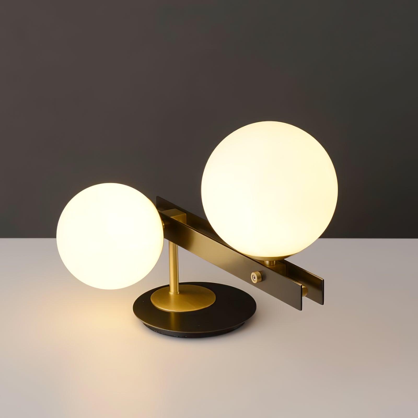 Planeta Mid Century Glass Globe Table Lamp with Brushed Brass Accents and White Blown Glass