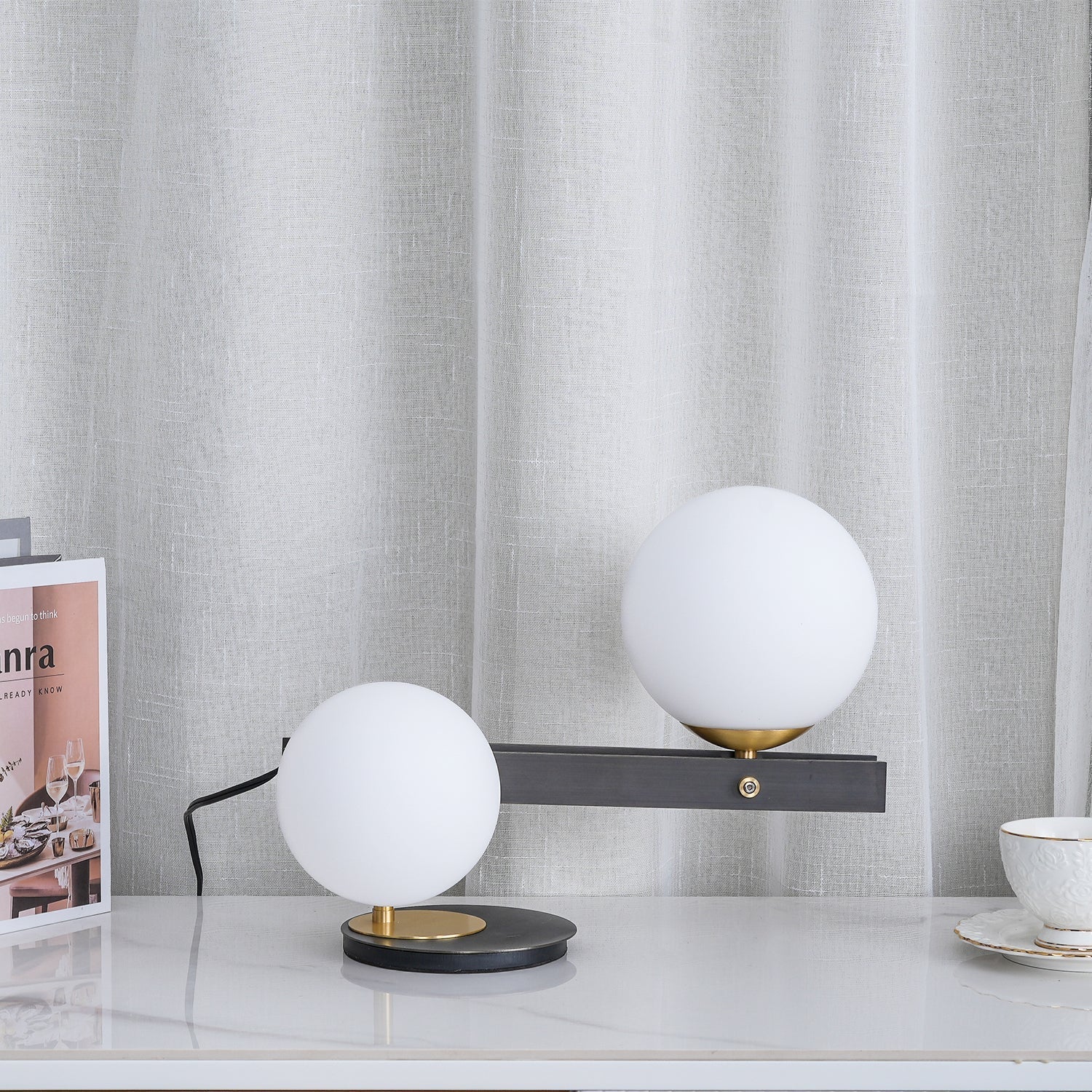 Planeta Mid Century Glass Globe Table Lamp with Brushed Brass Accents and White Blown Glass