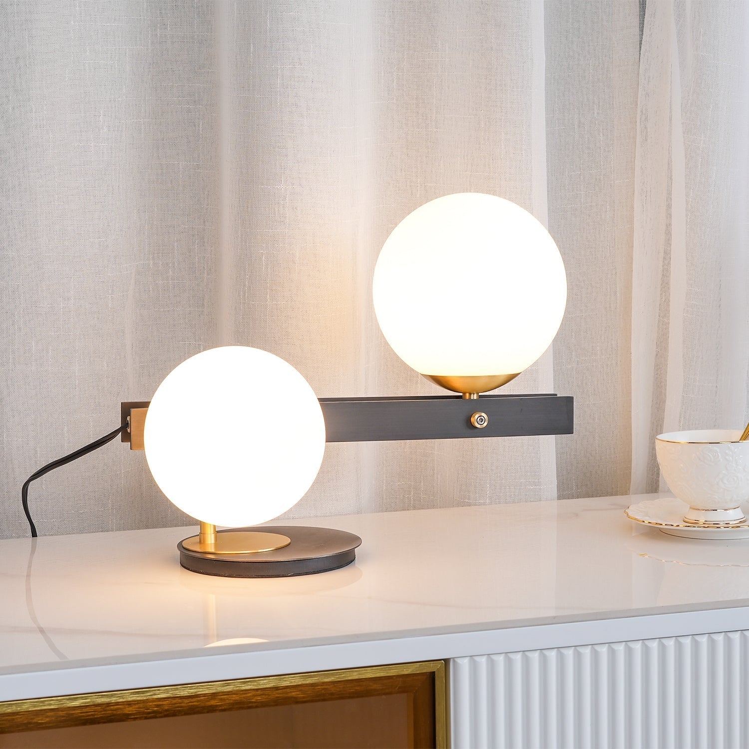 Planeta Mid Century Glass Globe Table Lamp with Brushed Brass Accents and White Blown Glass