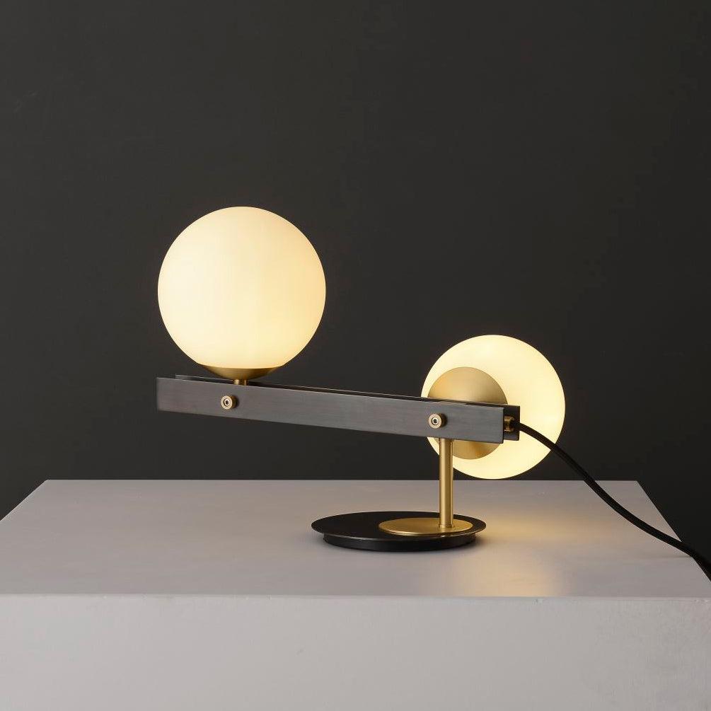 Planeta Mid Century Glass Globe Table Lamp with Brushed Brass Accents and White Blown Glass