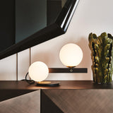 Planeta Mid Century Glass Globe Table Lamp with Brushed Brass Accents and White Blown Glass