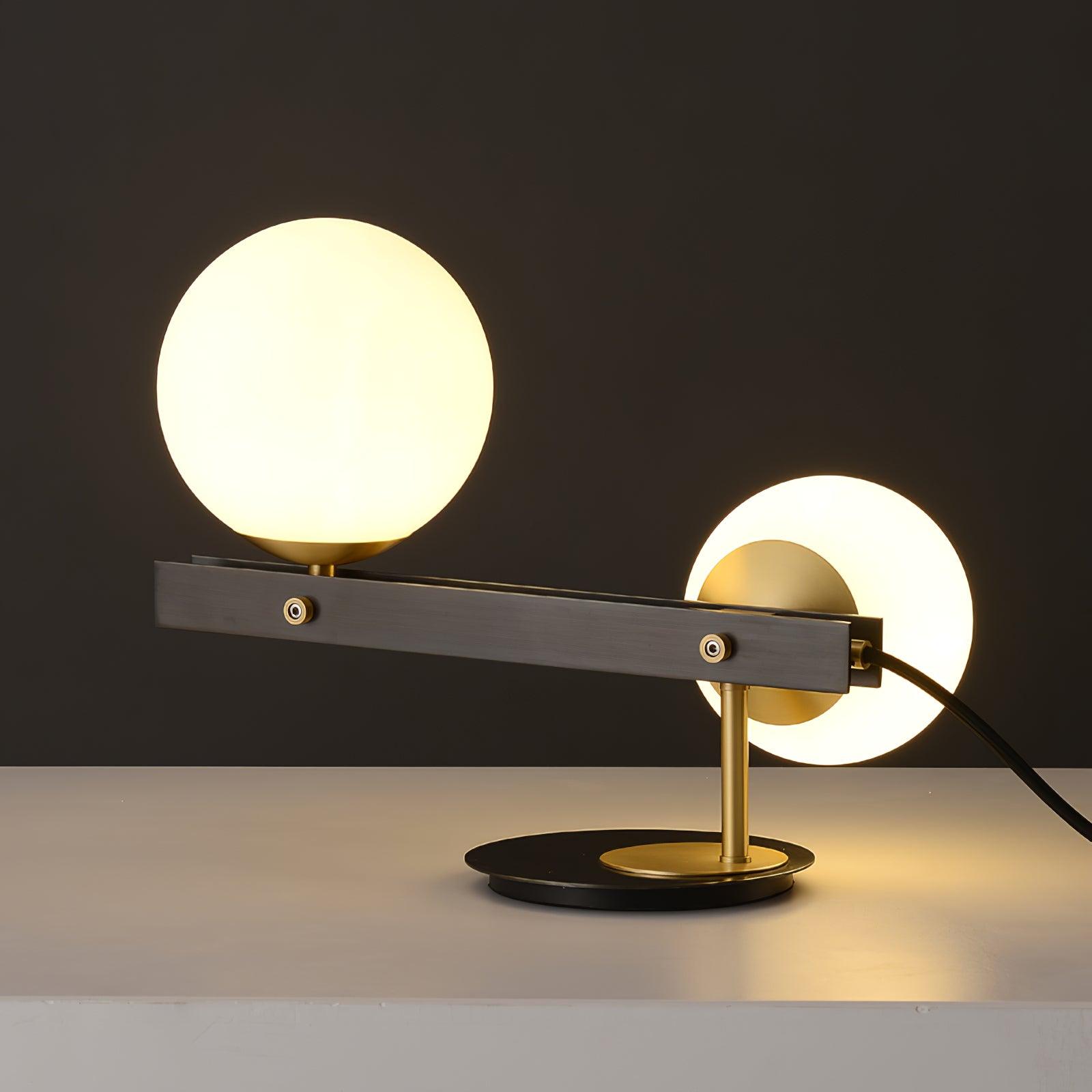 Planeta Mid Century Glass Globe Table Lamp with Brushed Brass Accents and White Blown Glass