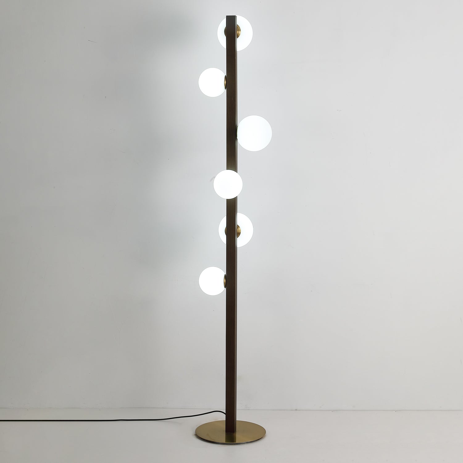 Planeta Walnut Wood Floor Lamp with White Glass Diffusers and Gold Metal Trim
