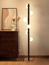 Planeta Walnut Wood Floor Lamp with White Glass Diffusers and Gold Metal Trim