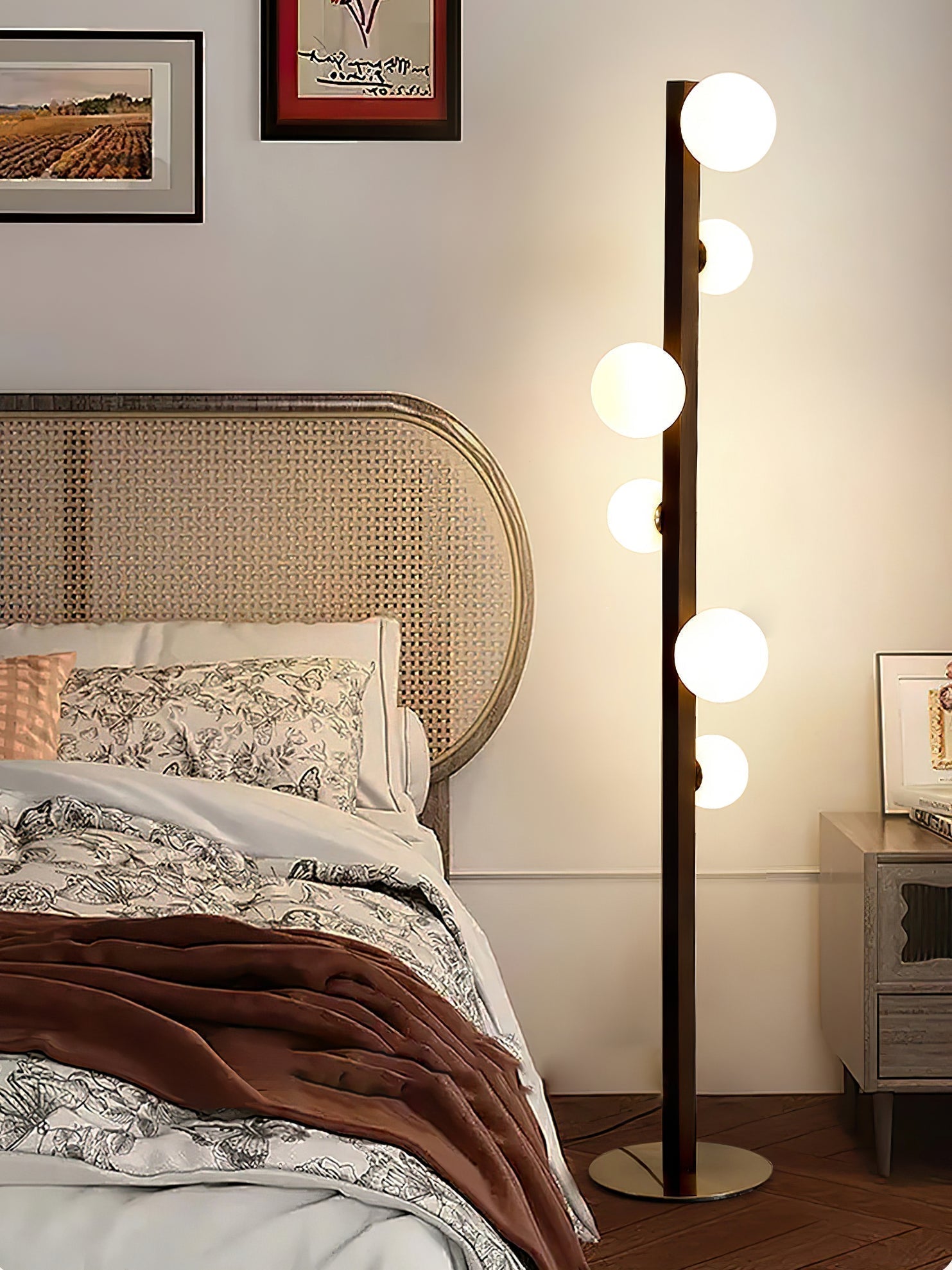 Planeta Walnut Wood Floor Lamp with White Glass Diffusers and Gold Metal Trim