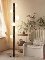 Planeta Walnut Wood Floor Lamp with White Glass Diffusers and Gold Metal Trim