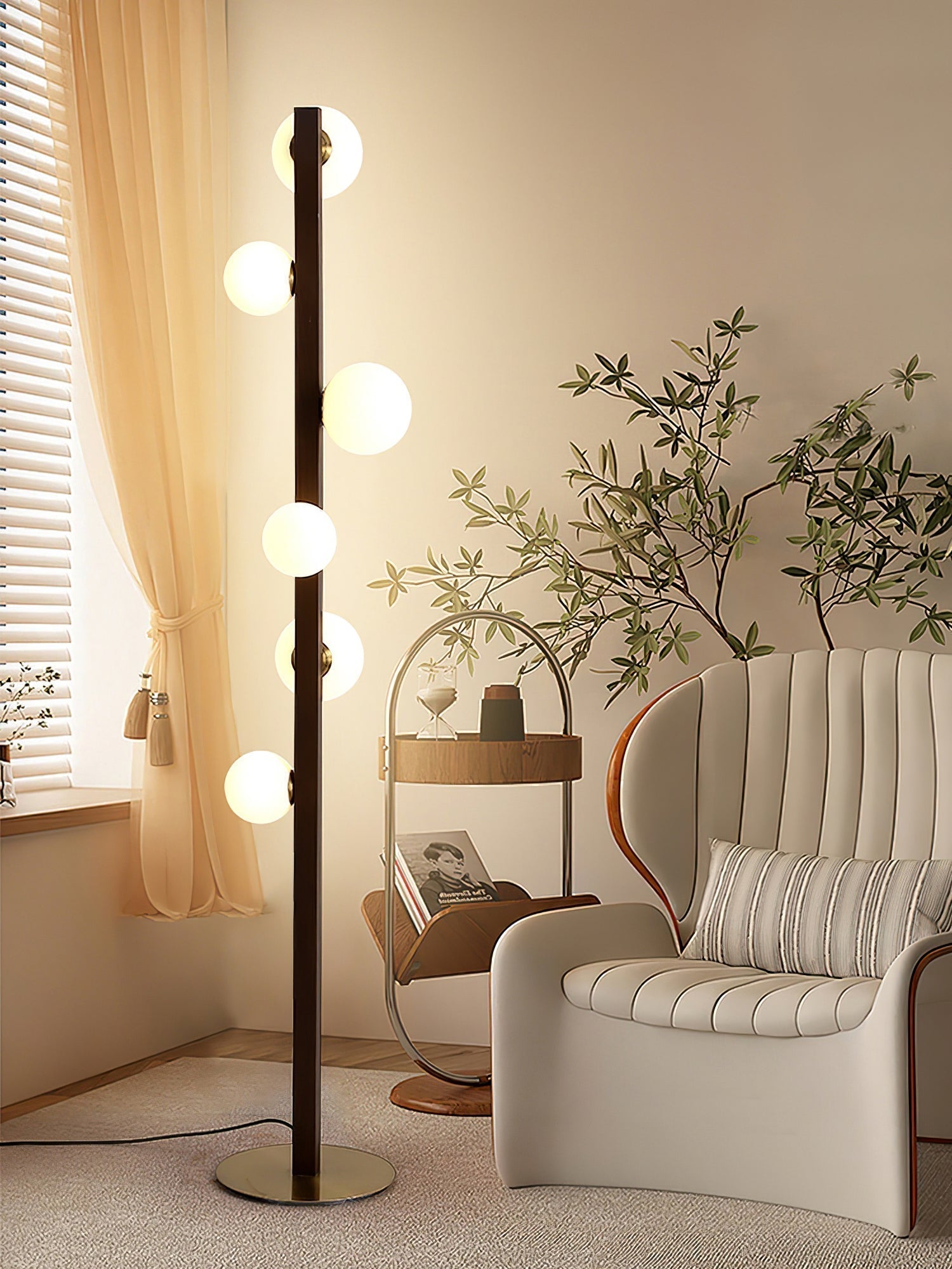 Planeta Walnut Wood Floor Lamp with White Glass Diffusers and Gold Metal Trim