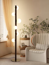 Planeta Walnut Wood Floor Lamp with White Glass Diffusers and Gold Metal Trim