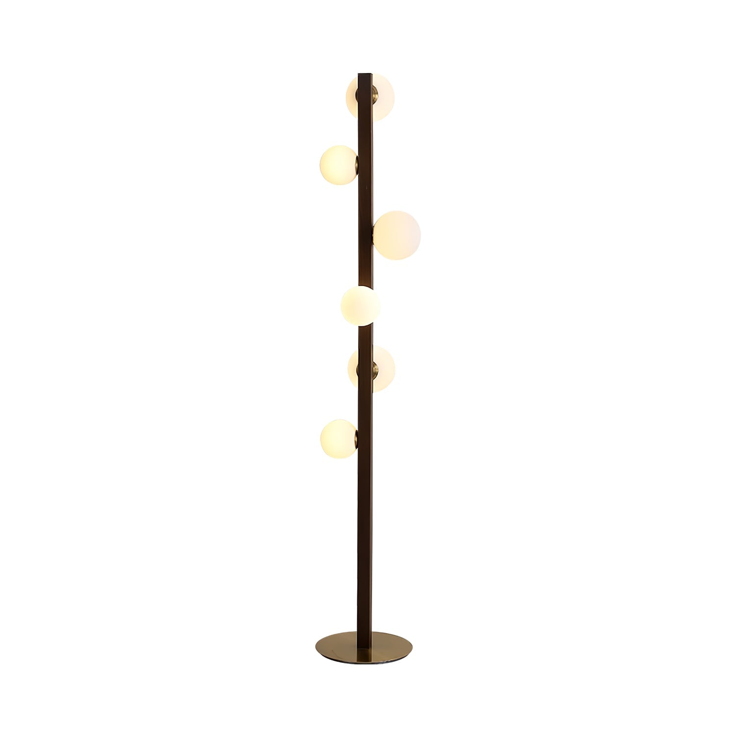 Planeta Walnut Wood Floor Lamp with White Glass Diffusers and Gold Metal Trim