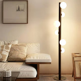 Planeta Walnut Wood Floor Lamp with White Glass Diffusers and Gold Metal Trim