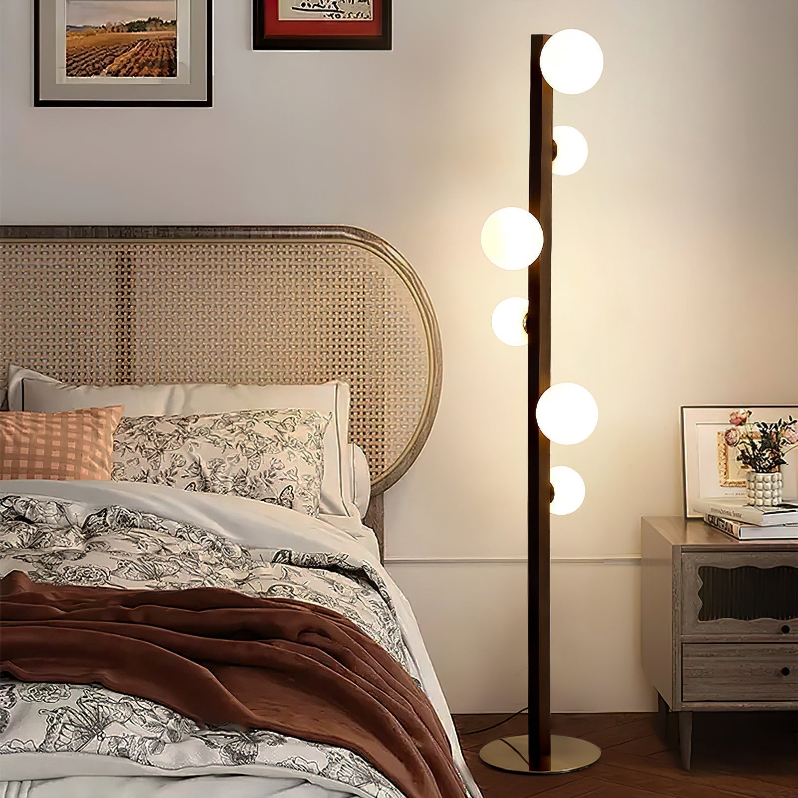 Planeta Walnut Wood Floor Lamp with White Glass Diffusers and Gold Metal Trim