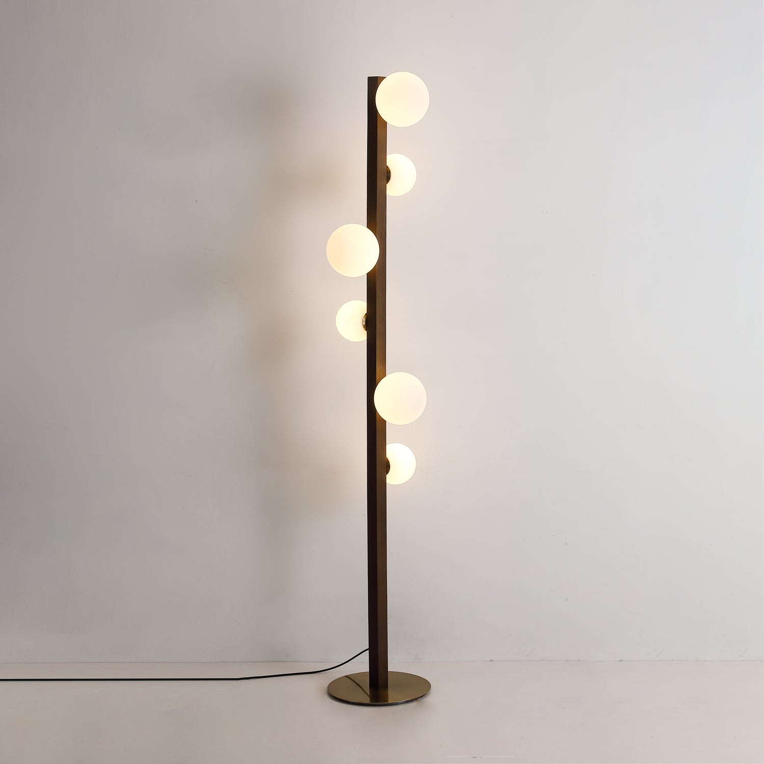 Planeta Walnut Wood Floor Lamp with White Glass Diffusers and Gold Metal Trim