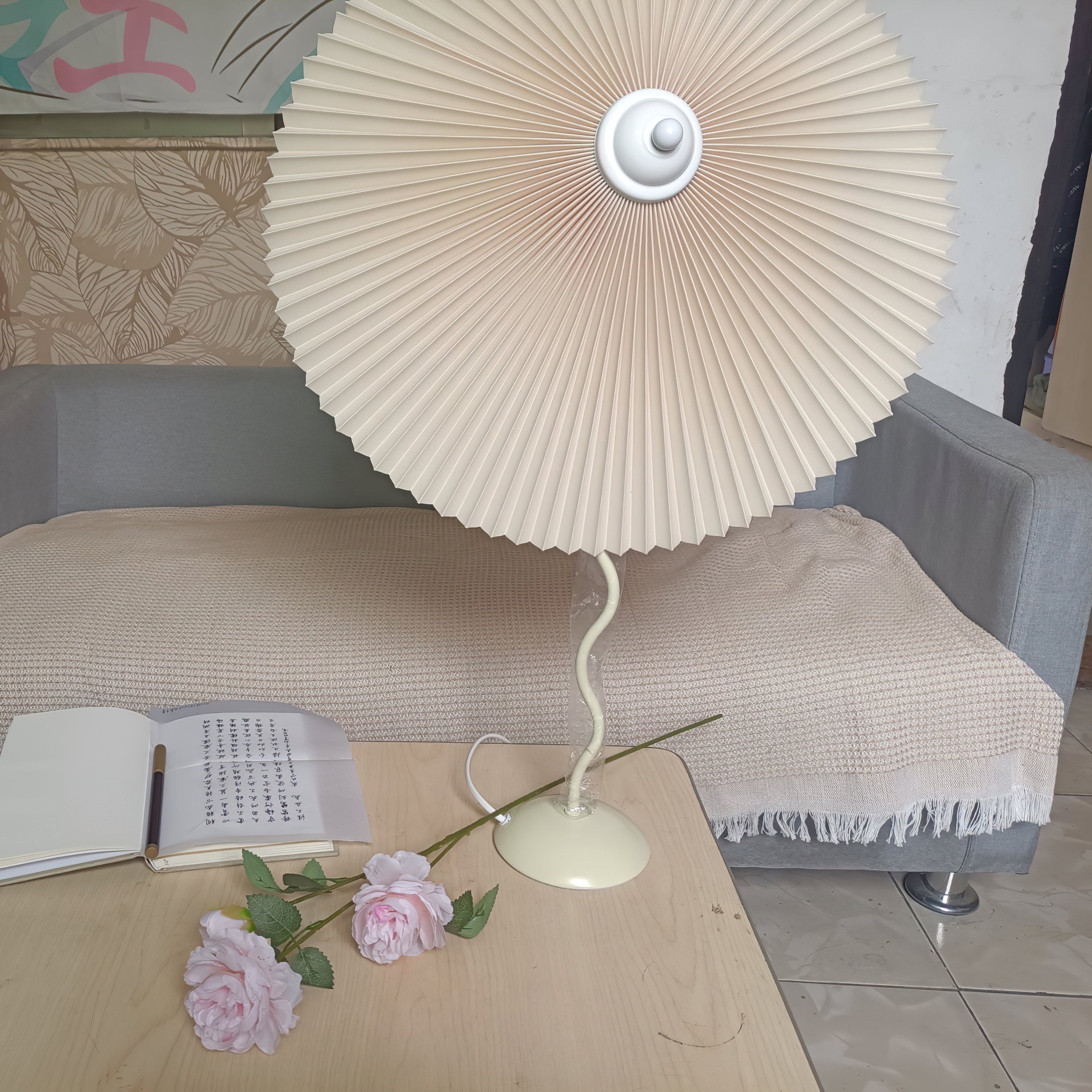 Sicilian Iron Table Lamp with Pleated Fabric Hat Shade and Beige Base for Home Decor