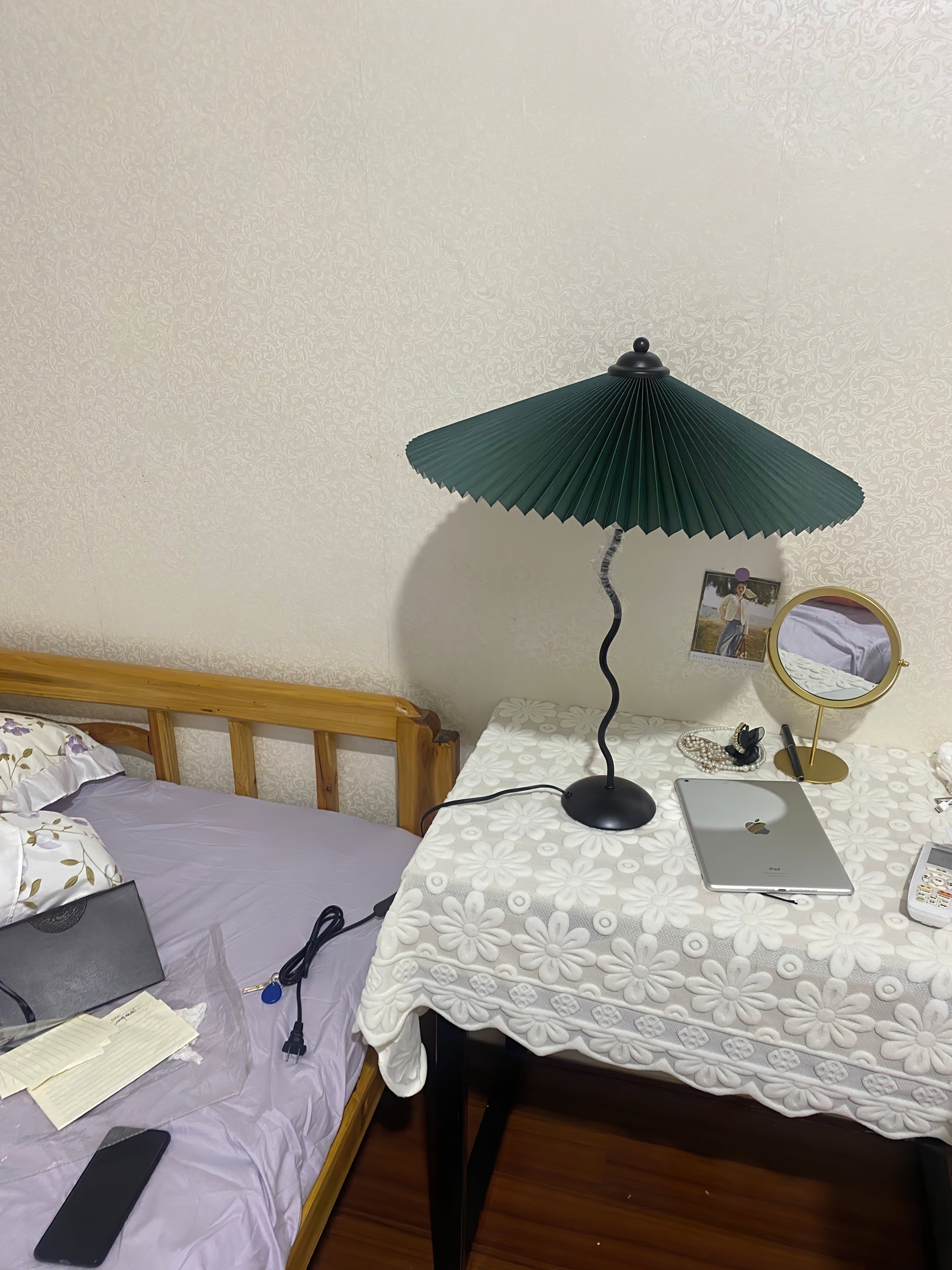 Sicilian Iron Table Lamp with Pleated Fabric Hat Shade and Beige Base for Home Decor