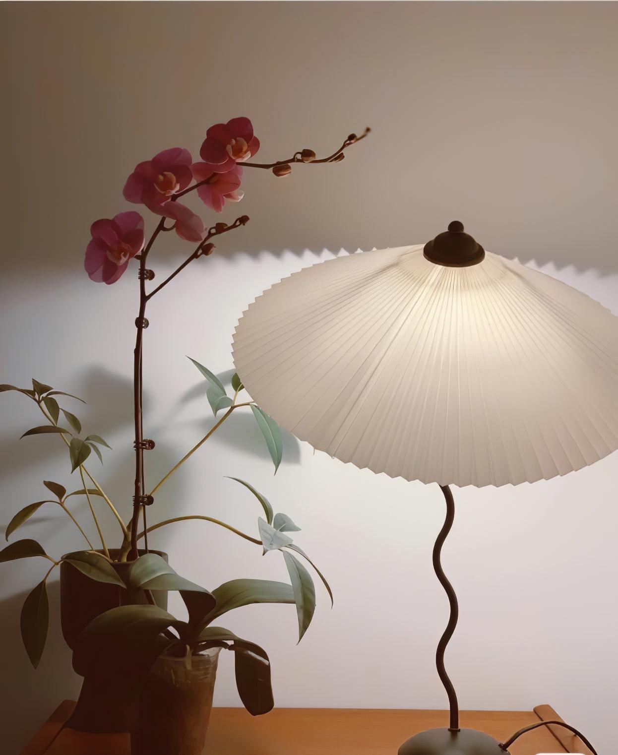 Sicilian Iron Table Lamp with Pleated Fabric Hat Shade and Beige Base for Home Decor