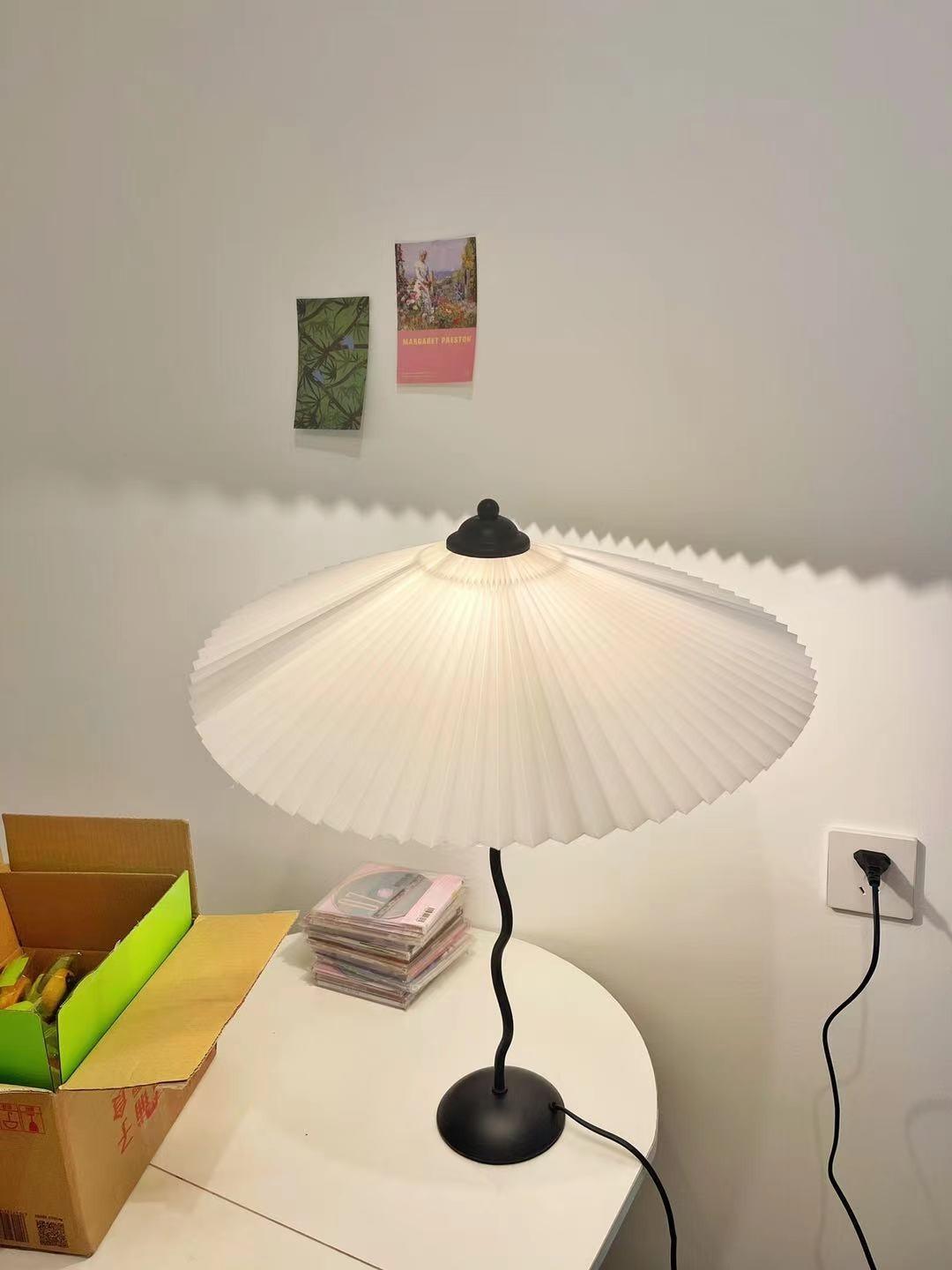 Sicilian Iron Table Lamp with Pleated Fabric Hat Shade and Beige Base for Home Decor
