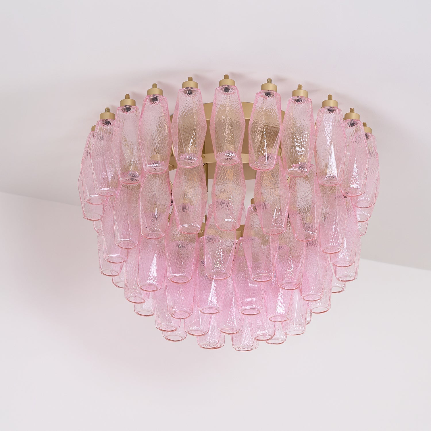 Pink Murano Glass Poliedri Geometric Flush Mount Ceiling Light with Gold Finish and LED Compatibility