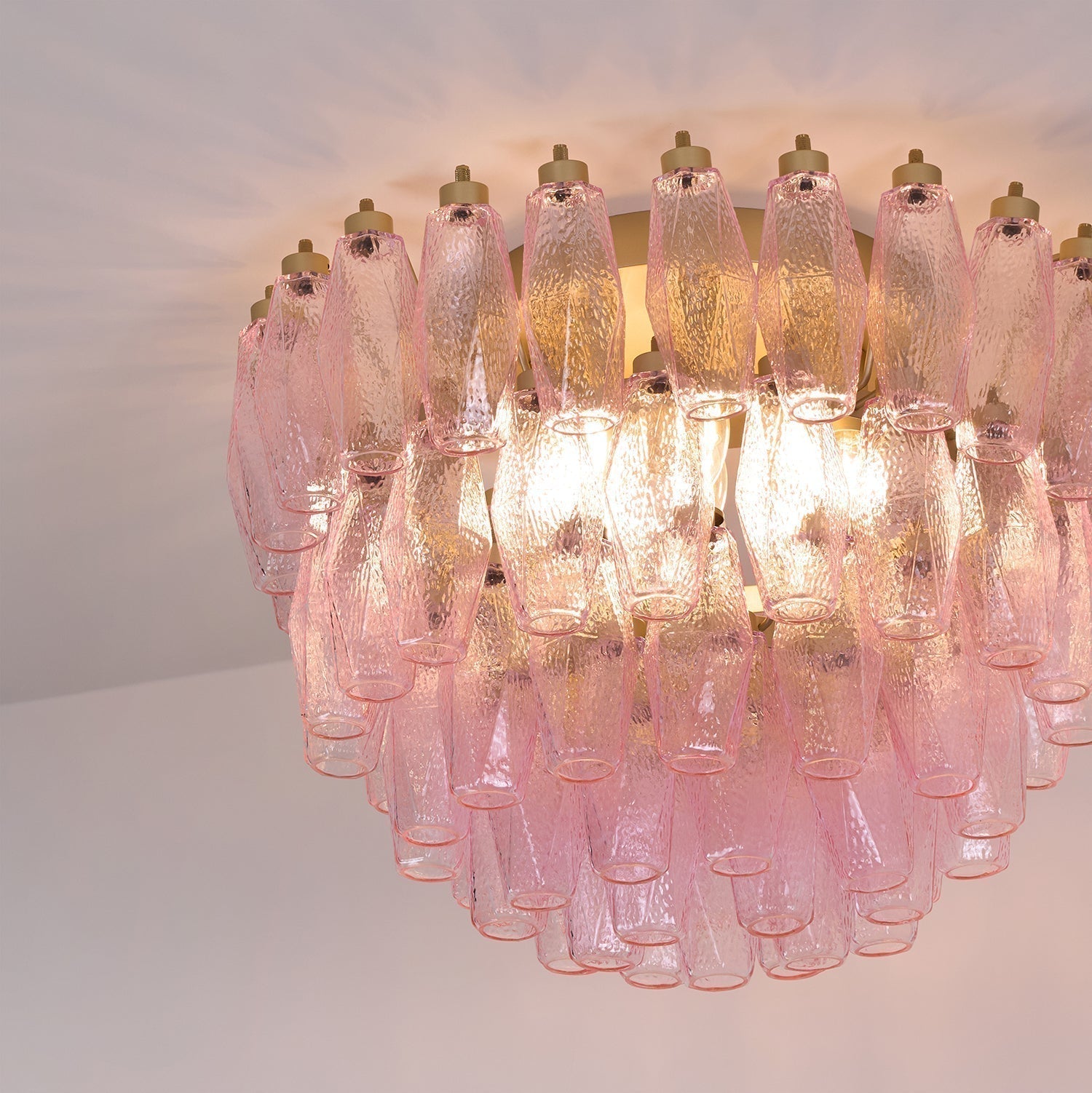 Pink Murano Glass Poliedri Geometric Flush Mount Ceiling Light with Gold Finish and LED Compatibility