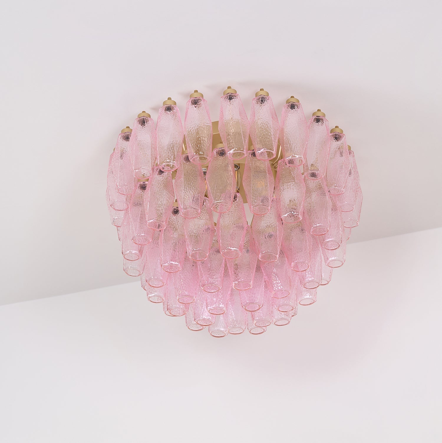 Pink Murano Glass Poliedri Geometric Flush Mount Ceiling Light with Gold Finish and LED Compatibility