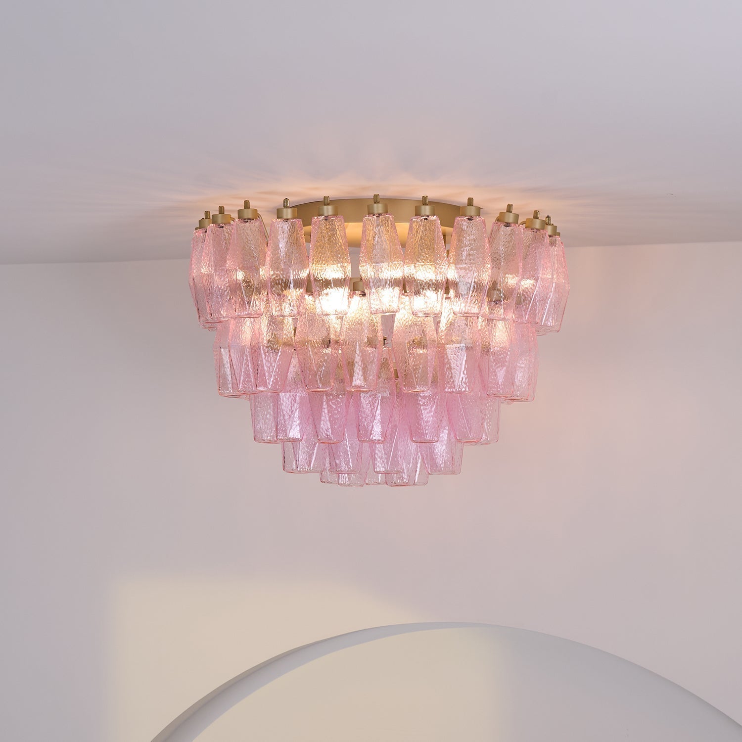 Pink Murano Glass Poliedri Geometric Flush Mount Ceiling Light with Gold Finish and LED Compatibility