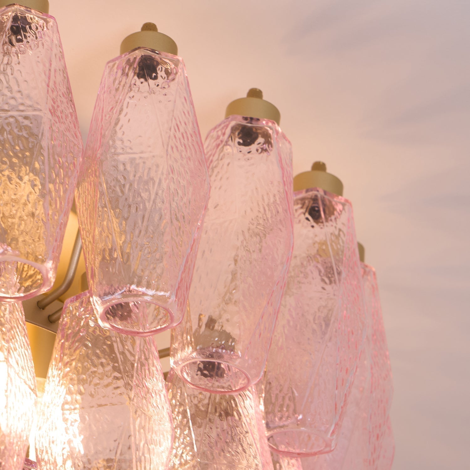 Pink Murano Glass Poliedri Geometric Flush Mount Ceiling Light with Gold Finish and LED Compatibility