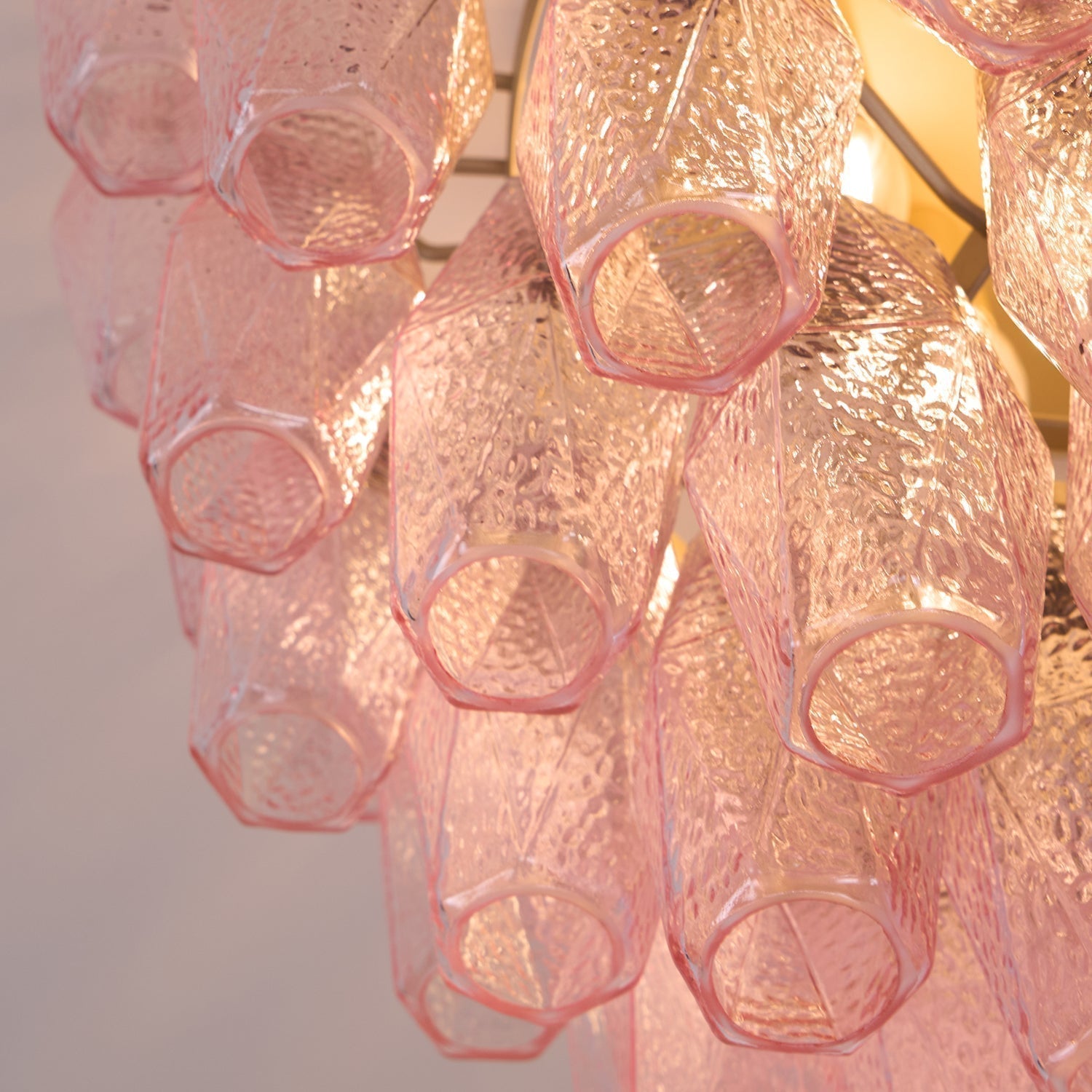 Pink Murano Glass Poliedri Geometric Flush Mount Ceiling Light with Gold Finish and LED Compatibility