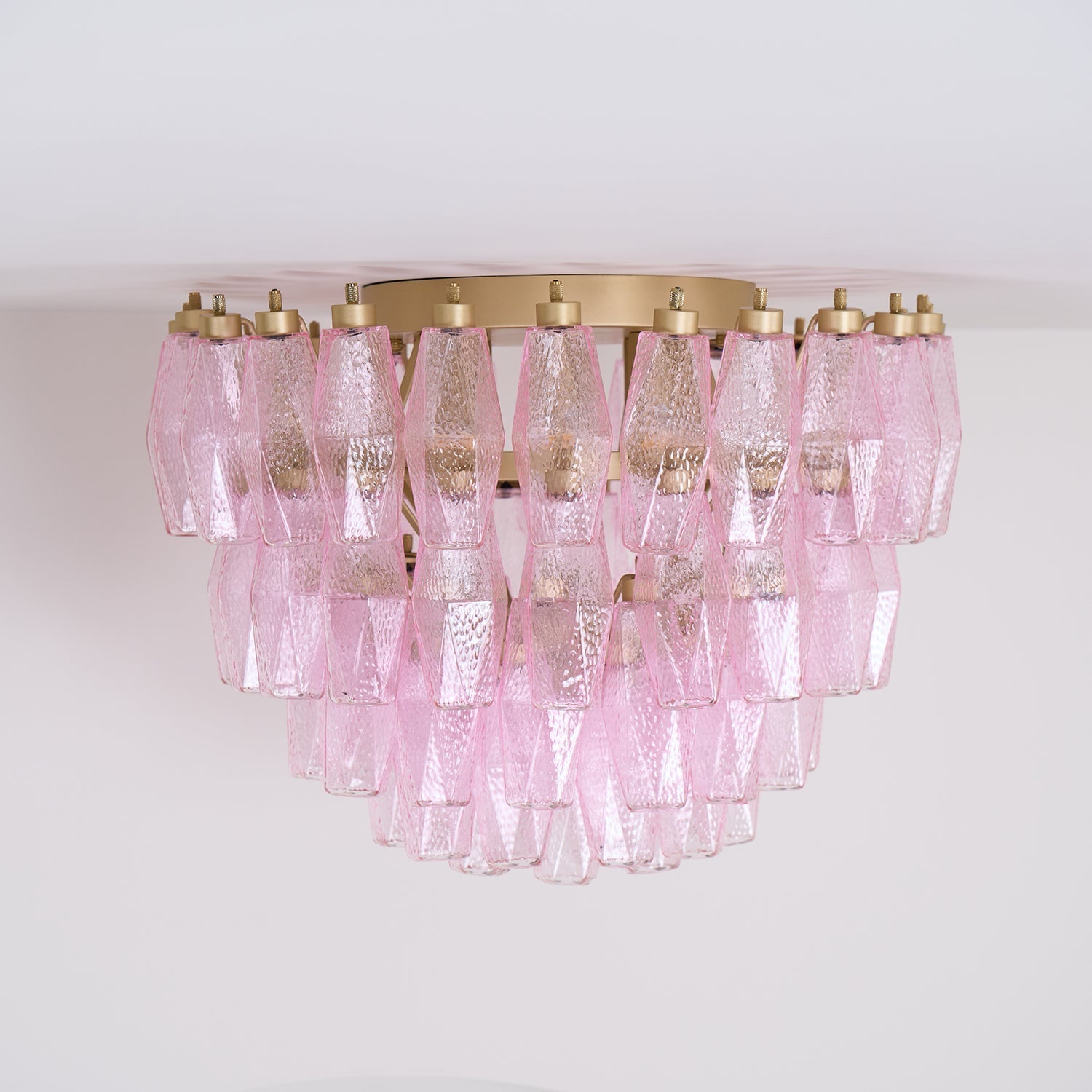Pink Murano Glass Poliedri Geometric Flush Mount Ceiling Light with Gold Finish and LED Compatibility
